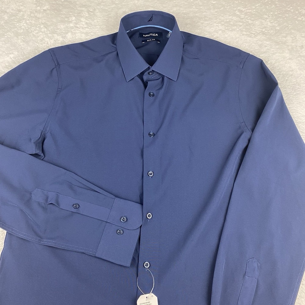 NAUTICA Dress Shirt Mens 15-15.5/34-35 Navy Blue Slim Fit Stretch NWT!